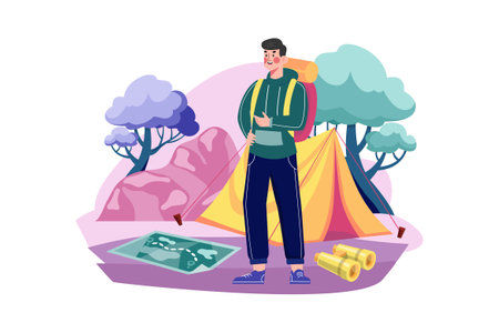 Men Travel With Backpack Equipment And Wear Travel Clothes For Outdoor Sportsのイラスト素材