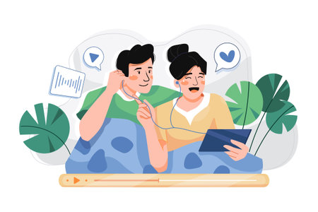 Couple Listening Podcast Show Illustration concept. A flat illustration isolated on white backgroundのイラスト素材