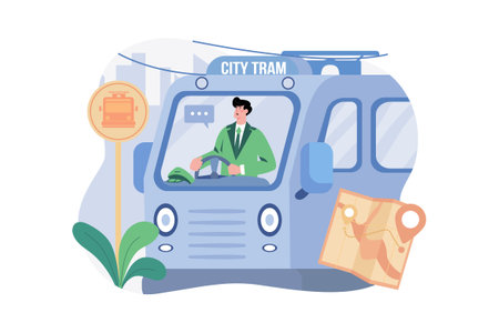 The Man Is Driving A Tram On The Streetのイラスト素材
