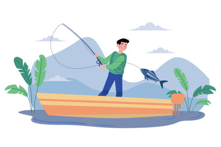 The Guy Is Fishing On The Boatのイラスト素材