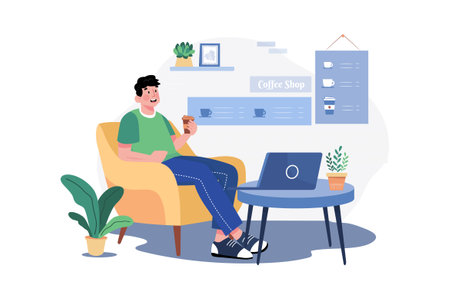 Man working from a cafe Illustration concept. A flat illustration isolated on white backgroundのイラスト素材
