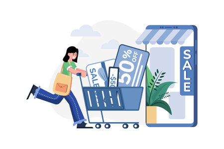 Woman applying voucher for a discount on online shoppingのイラスト素材