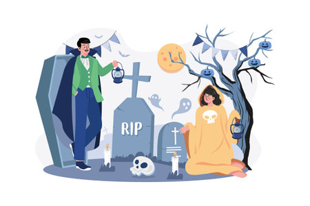 The Couple Dressed Up As Demons And Ghosts With Tombstones, Skulls, And Candles.のイラスト素材