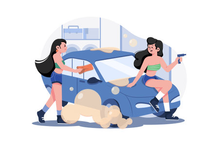 Bikini Car Wash Illustration concept. A flat illustration isolated on white backgroundのイラスト素材