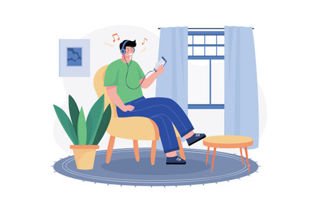 Man Listening To Music On Earphones Using Mobile Phoneのイラスト素材