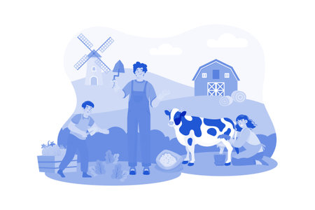 Tourists visit a local farm for a morning tour and activities.のイラスト素材