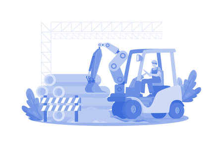 Construction worker clears site with heavy machinery.のイラスト素材