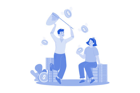 Man with a net catches coinsのイラスト素材