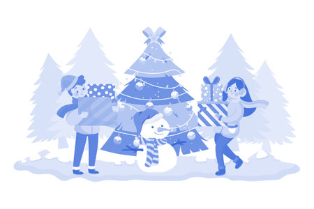 Children Playing Snowman Together Outdoorsのイラスト素材