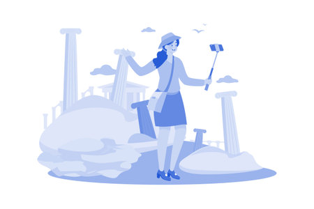 Lady In Tourist Outfit Taking A Selfieのイラスト素材