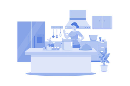 Girl Cooking Food At The Kitchen Deskのイラスト素材