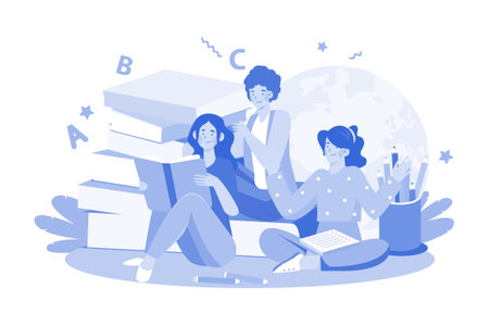 Students Reading Book Togetherのイラスト素材