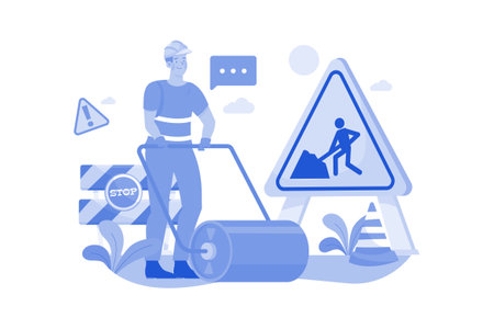 Worker Using Road Roller Makes Paving On Highway Or Streetのイラスト素材