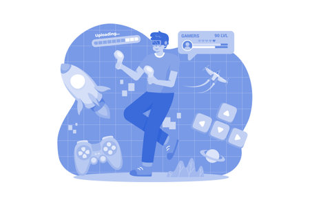 Boy Playing VR Game Illustration concept on a white backgroundのイラスト素材