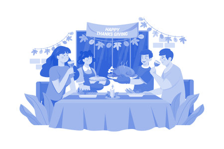 Family Dinner Together On Thanksgiving Dayのイラスト素材