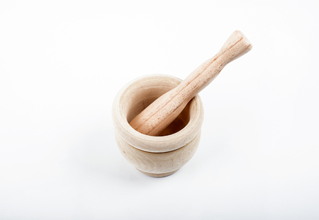 Wooden mortar on white background. Isolated.の写真素材