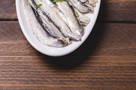 Close-up of anchovy dish with copy-space.の写真素材