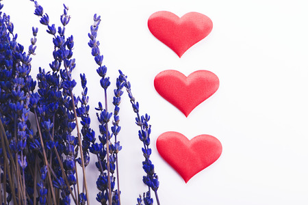 Three red hearts next to lavender flower on white background. Isolated.の写真素材