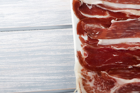 Close-up of a ham dish. Spanish typical food. Copy space.の写真素材