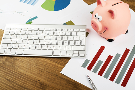 Business graphs next to computer keyboard, calculator, piggy bank and ball-point pen. Horizontal studio shot.の写真素材