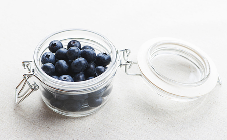 Top view of glass bowl with blueberries.の写真素材