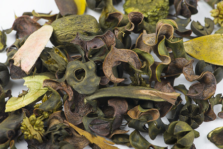 Close-up of dry mix for aromatic effect spilled on white background.の写真素材