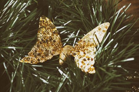 Christmas decoration with golden butterfly on Christmas tree.の写真素材