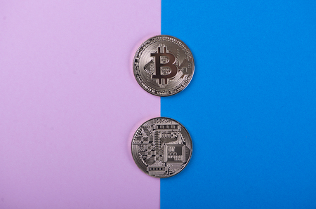Bitcoin on pink and blue background. Cryptocurrencyの写真素材