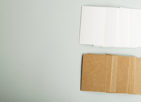 Top view of business cards brown and white. Copy space. Mockup.の写真素材