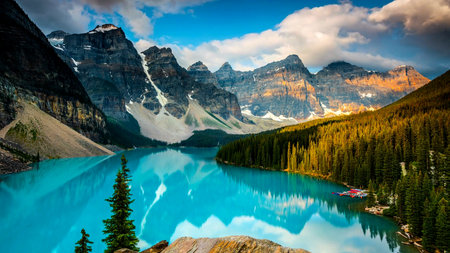 A Breathtaking and Stunning Mountain Lake Landscape Featuring Vibrant and Clear Blue Watersの写真素材