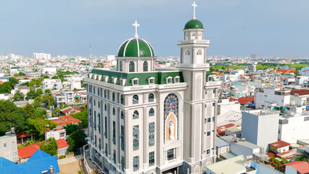 Historic church and skyline in Ho Chi Minh Cityの写真素材