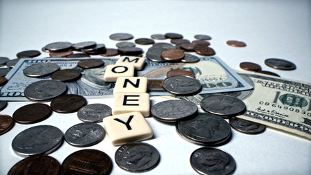 Studio tabletop of U.S. currency: scattered coins and dollar banknotes with letter tiles spelling MONEY. Clean white background ideal for finance, savings, budgeting, economy, banking, and investment concepts. High-res, editorial-safe.の写真素材