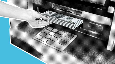 Close-up of a hand withdrawing 100 USD bills from an ATM cash slot, with keypad visible. Modern banking and finance concept illustrating cash withdrawal, payments, savings, budgeting, security, and personal finance.の写真素材