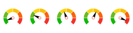 Speedometer rating vector illustration. Collection of colorful tachometer sign with arrow. Customers indicators of satisfaction.のイラスト素材