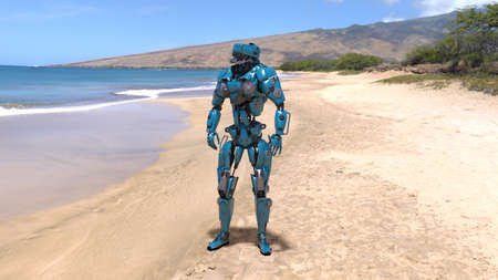 Cyborg, humanoid robot at beach with sea and mountains in the background, mechanical android, 3D renderの写真素材