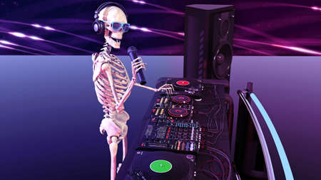 DJ Bones, human skeleton with microphone playing music on turntables, skeleton with disc jockey audio equipment, side view, 3D renderingの写真素材