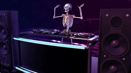 DJ Bones, human skeleton playing music on turntables, skeleton on stage with disc jockey audio equipment, 3D renderingの写真素材