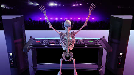DJ Bones, human skeleton playing music on turntables, skeleton on stage with disc jockey sound equipment, 3D renderingの写真素材