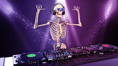DJ Bones, human skeleton with hands up playing music on turntables, skeleton on stage with disc jockey audio equipment, 3D renderingの写真素材