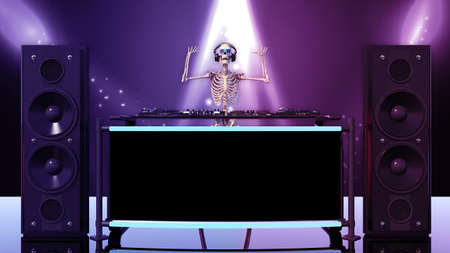 DJ Bones, human skeleton with hands up playing music on turntables, skeleton with disc jockey audio equipment, front view, 3D renderingの写真素材