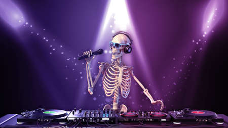 DJ Bones, human skeleton with microphone playing music on turntables, skeleton with disc jockey audio equipment, front view, 3D renderingの写真素材