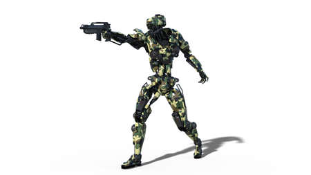Army robot, armed forces cyborg, military android soldier aiming and shooting gun on white background, 3D renderingの写真素材