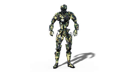 Army robot, armed forces cyborg, military android soldier isolated on white background, 3D renderingの写真素材