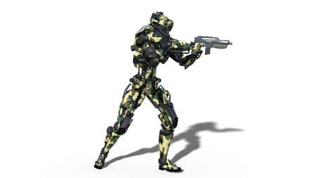 Army robot, armed forces cyborg, military android soldier shooting gun on white background, side...
