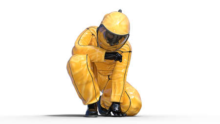 Man wearing protective hazmat suit crouching, human with gas mask dressed in biohazard outfit for chemical and toxic protection, 3D renderingの写真素材