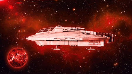 Alien spaceship in deep space, UFO spacecraft flying in the Universe with planet and stars in the background, side view, 3D renderingの写真素材