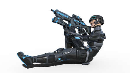 Android female soldier, military cyborg woman armed with rifle laying and shooting on white...