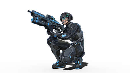 Android female soldier, military cyborg woman armed with rifle shooting on white background, sci-fi...