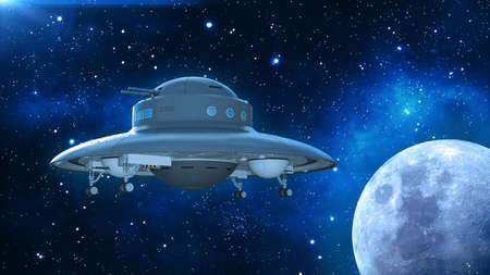 Retro UFO Spaceship, flying saucer in deep space, vintage spacecraft flying in the Universe with...