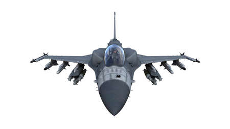 Fighter jet plane in flight, military aircraft, army airplane isolated on white background, front...